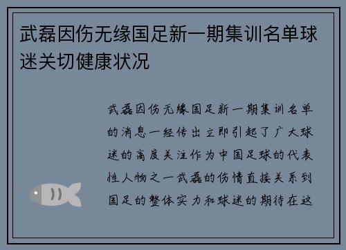 武磊因伤无缘国足新一期集训名单球迷关切健康状况