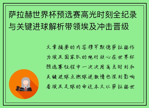 萨拉赫世界杯预选赛高光时刻全纪录与关键进球解析带领埃及冲击晋级 萨拉赫世界杯预选赛高光时刻全纪录与关键进球解析带领埃及冲击晋级